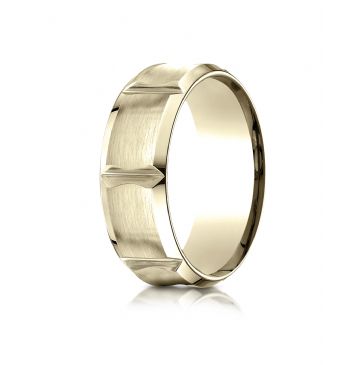 18k Yellow Gold 8mm Comfort-Fit Satin-Finished Beveled Edge Concave with Horizontal Cuts Carved Design Band