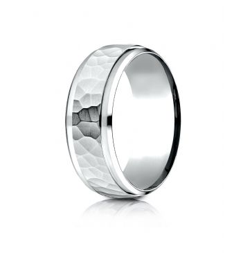 10k White Gold 8mm Comfort-Fit Drop Bevel Hammered Finish Design Band