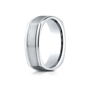 14k White Gold 7mm Comfort-Fit Satin-Finished Parallel Center Cuts Four-Sided Carved Design Band
