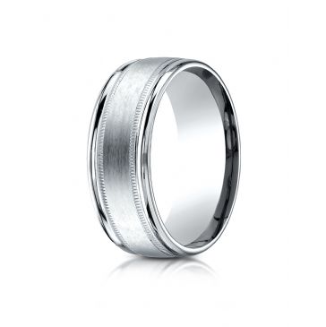 Platinum 8mm Comfort-Fit Satin Finish Center with Milgrain Round Edge Carved Design Band