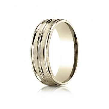 18k Yellow Gold 7mm Comfort-Fit Satin-Finished High Polished Center Trim and Round Edge Carved Design Band