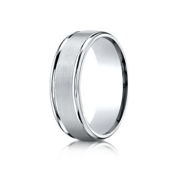 10k White Gold 7mm Comfort-Fit Satin Finish High Polished Round Edge Carved Design Band