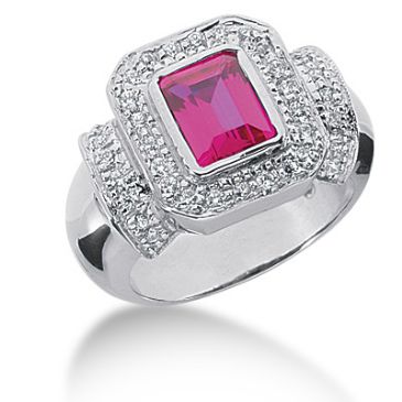 14K Beautiful Emerald Cut Ruby, Surrounded by Round Brilliant Diamonds (0.19ctw.)