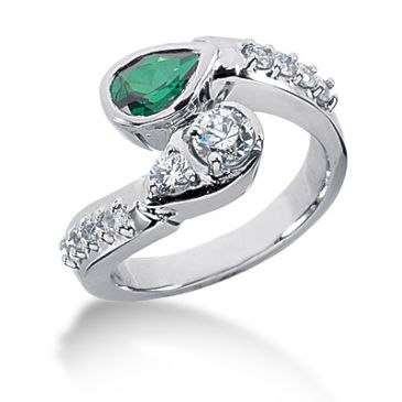 14K Bezel Set Pear Emerald, Prong Set Round Brilliant Diamonds (0.68ctw.)