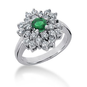 14K Floral Emerald Centered,Prong Set Round Brilliant Diamonds  (1.22ctw.)