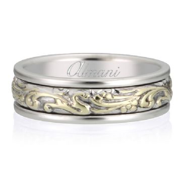 950 Platinum & 18K Two Tone 7mm Two Tone Band Floral Vine Design