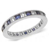 14k Channel Set 1.40ct Princess Diamond & Sapphire Milgrain Eternity Band