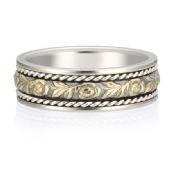 18K Gold 6.5mm Two Tone Almani Antique Wedding Band Flower Vine Design