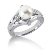 18K Compass Round Brilliant, Pearl Centered Diamond Anniversary Ring (0.10ctw.)