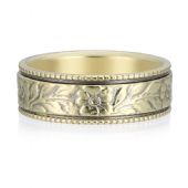 18K Yellow Gold 6.5mm Almani Antique Wedding Band Leaf Petal Design