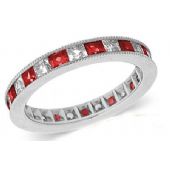 950 Platinum Channel Set 1.40ct Princess Diamond & Ruby Milgrain Eternity Band