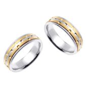 950 Platinum & 18K Gold 6.5mm Handmade Two Tone Diamond Cut Brick Pattern Wedding Bands Set 174