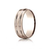 14K Rose Gold 7mm Comfort-Fit Satin Finished with Parallel Grooves Carved Design Band