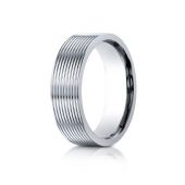 14k White Gold 7mm Comfort-Fit Satin-Finished with Threaded Pattern Carved Design Band