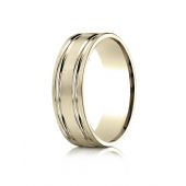 10k Yellow Gold 7mm Comfort-Fit SatinFinished with Parallel Grooves Carved Design Band