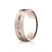 14k Rose Gold 7mm Comfort-Fit Satin-Finished with High Polished Center Cut Carved Design Band