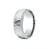 14k White Gold 8mm Comfort-Fit Rope Edge Hammered Finish Design Band