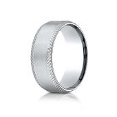 18k White Gold 8mm Comfort-Fit Satin-Finished Cross Hatched Beveled Edge Carved Design Band