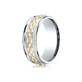 14K Two Tone 8mm Comfort Fit Round Edge Cross HatchPatterned Band