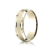 10k Yellow Gold 7mm Comfort-Fit Satin-Finished High Polished Beveled Edge Carved Design Band