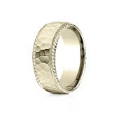 14k Yellow Gold 8mm Comfort-Fit Rope Edge Hammered Finish Design Band