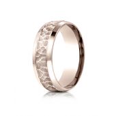 14k Rose Gold 7.5mm Comfort Fit Hammered Finish Beveled Edge Design Band