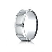 14k White Gold 8mm Comfort-Fit Satin-Finished Beveled Edge Concave with Horizontal Cuts Carved Design Band