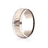 14k Rose Gold 8mm Comfort-Fit Drop Bevel Hammered Finish Design Band