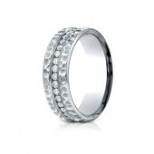 14k White Gold 7.5 mm Hammered Finish Channel Set  Diamond Ring