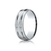 10k White Gold 7mm ComfortFit Satin-Finished with Parallel Grooves Carved Design Band