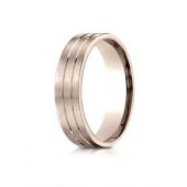 14k Rose Gold 6mm Comfort-Fit Satin-Finished with Parallel Center Cuts Carved Design Band