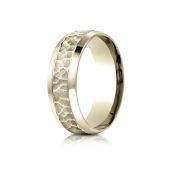 18k Yellow Gold 7.5mm Comfort Fit Hammered Finish Beveled Edge Design Band