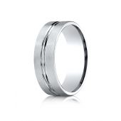 14k White Gold 7mm Comfort-Fit Satin-Finished with High Polished Center Cut Carved Design Band