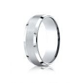 14k White Gold 7mm Comfort-Fit Satin-Finished with High Polished Beveled Edge Carved Design Band