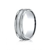 Platinum 7mm Comfort-Fit Satin Finish Center with Milgrain Round Edge Carved Design Band