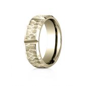 18Kt Yellow Gold 7mm Comfort-Fit Hammered Finish Grooved Carved Design Band