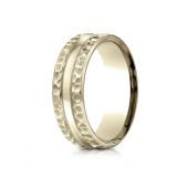 14k Yellow Gold 7.5mm Comfort Fit Hammered Finish Center Cut Design Band