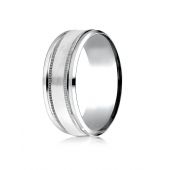 14kt White Gold 8mm Comfort-Fit Drop Bevel Satin Finish Milgrain  Design Band