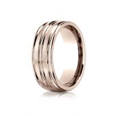 14k Rose Gold 8mm Comfort-Fit Satin-Finished High Polished Center Trim and Round Edge Carved Design Band