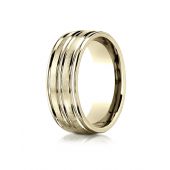 14k Yellow Gold 8mm Comfort-Fit Satin-Finished High Polished Center Trim and Round Edge Carved Design Band