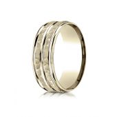 10K Yellow Gold 8mm Comfort-Fit Hammer-Finished High Polished Center Trim and Round Edge Carved Design Band
