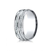 14k White Gold 8mm Comfort-Fit Hammer-Finished High Polished Center Trim and Round Edge Carved Design Band