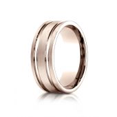 14k Rose Gold 8mm Comfort-Fit Satin-Finished with Parallel Grooves Carved Design Band