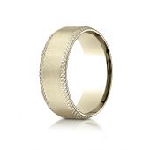 14k Yellow Gold 8mm Comfort-Fit Satin-Finished Cross Hatched Beveled Edge Carved Design Band