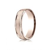 14k Rose Gold 6mm Comfort-Fit Satin Finish Center with Milgrain Round Edge Carved Design Band