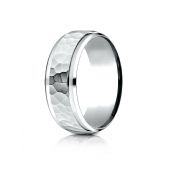 18k White Gold 8mm Comfort-Fit Drop Bevel Hammered Finish Design Band