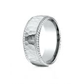 Platinum 8mm Comfort-Fit Rope Edge Hammered Finish Design Band