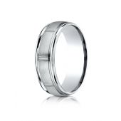 18k White Gold 7mm Comfort-Fit Satin-Finished 8 High Polished Center Cuts and Round Edge Carved Design Band