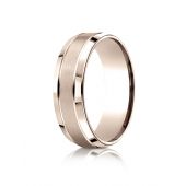 14k Rose Gold 7mm Comfort-Fit Satin-Finished High Polished Beveled Edge Carved Design Band