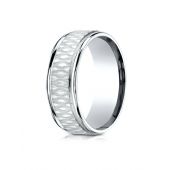 14k White Gold 8mm Comfort Fit Round Edge Patterned Design Band